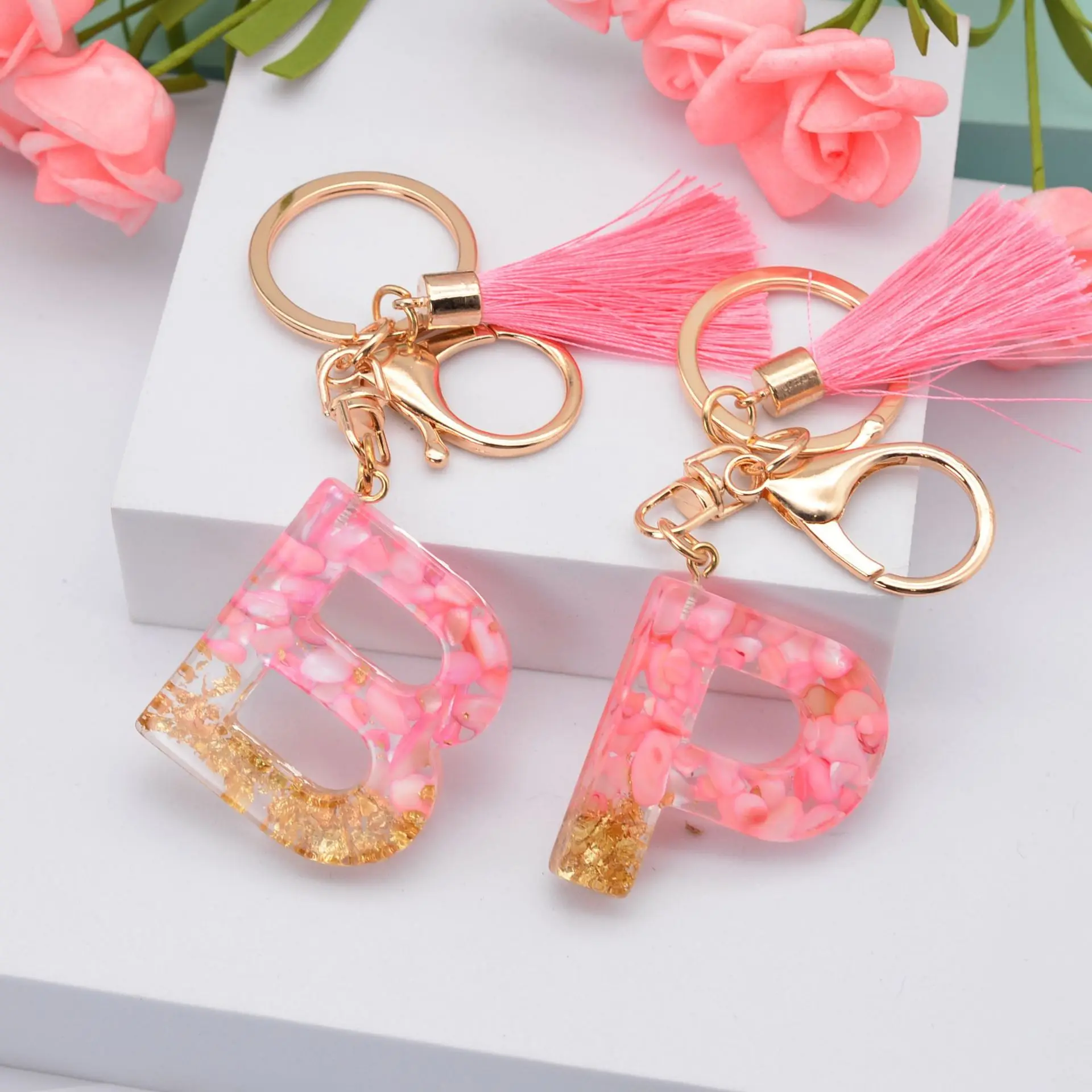 Letter M Keychain With Butterfly & Sequins - Pink & Orange, Resin & Alloy, Gift Ready - View #6