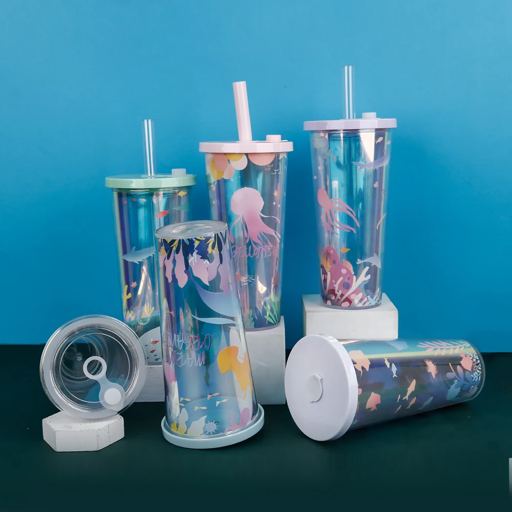 24oz Customized Reusable Tumbler Cup Logo Double Wall Insulated Plastic Coffee Tumbler With Straw and Lid