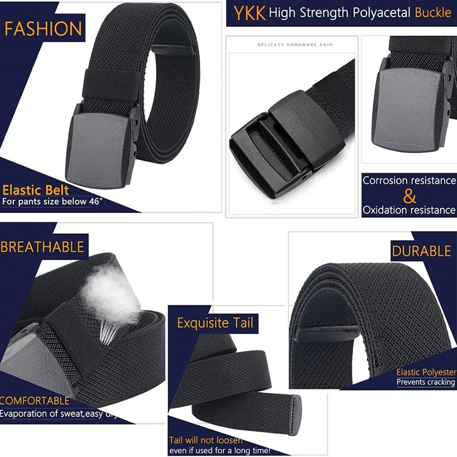 Elastic Belts Stretch Canvas No Metal Plastic Buckle Work Travel Sports Trim Fit Waist Tactical Belt