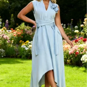 Women's Formal Casual Asymmetric Maxi Denim Dress Summer Sleeveless Belted Waist Light Technique 3D Flower Brunch Gatherings