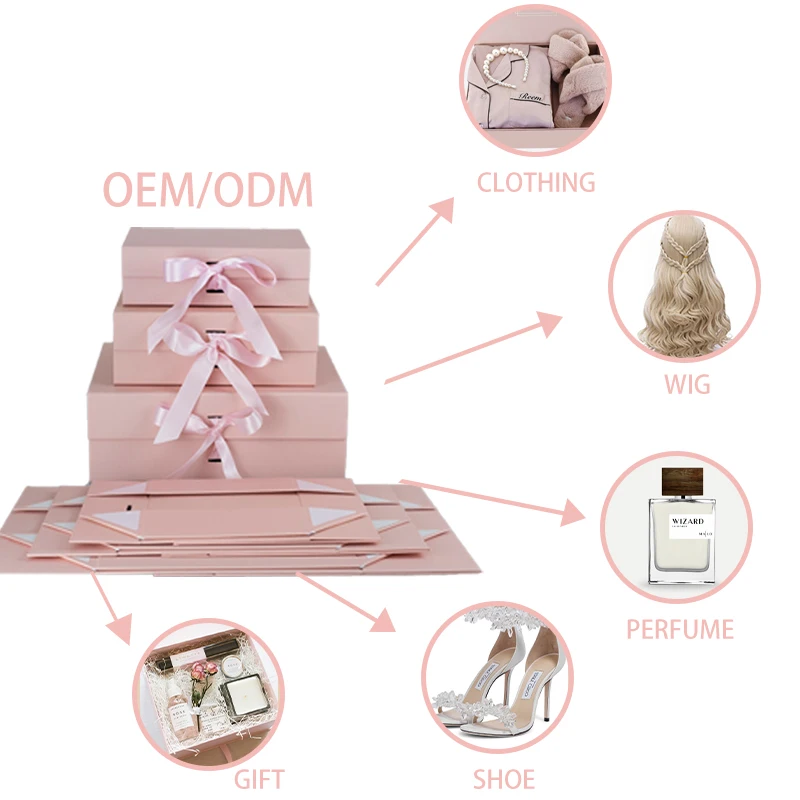 Customizable Luxury Rosy Folding Magnetic Paper Box Embossing Ribbon Gift Packaging for Cosmetics Shoes (Recycled Materials