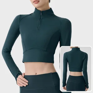 Roregal New Arrival Stand Neck Thin Fleece Crop Top Workout Fitness Yoga Sport Half Zipper Long Sleeve T-shirt for Women
