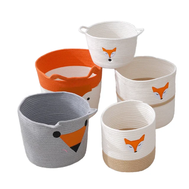 Fox Design Home Storage Basket Cotton Rope Woven Cylinder Basket for Toys and Dirty Clothes