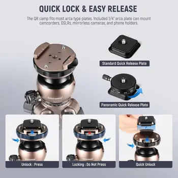 NEEWER 63" Travel Tripod Carbon Fiber With 360 Dual Panoramic Low Profile Ball Head for Quick Release & Lock, Convertible detail image