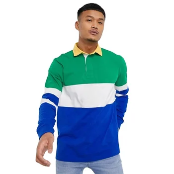 Mens wholesale custom sports colorblock long sleeve 100% cotton rugby polo shirt