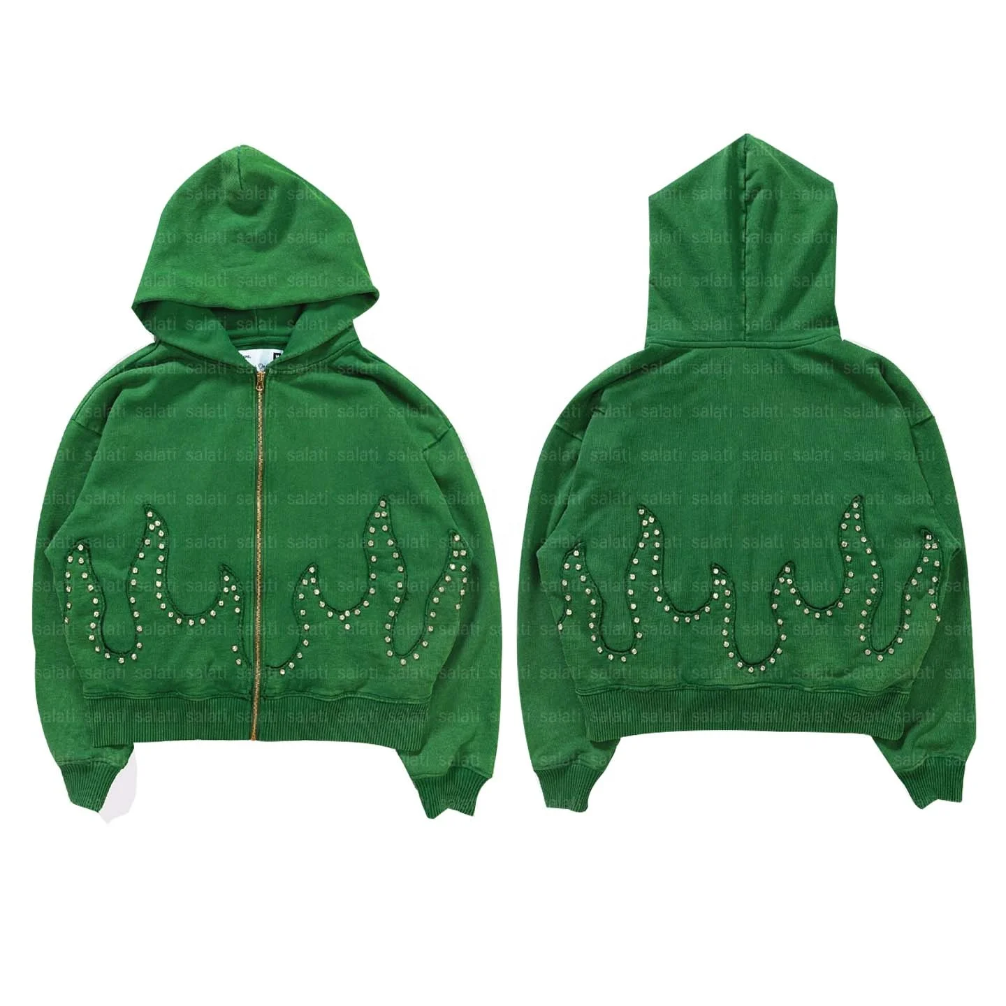 Salati Sweatshirts Supplier Essentials Custom Winter 400GSM Drop Shoulder Diamond Embroidery Print Zipper Rhinestone Hoodies Men