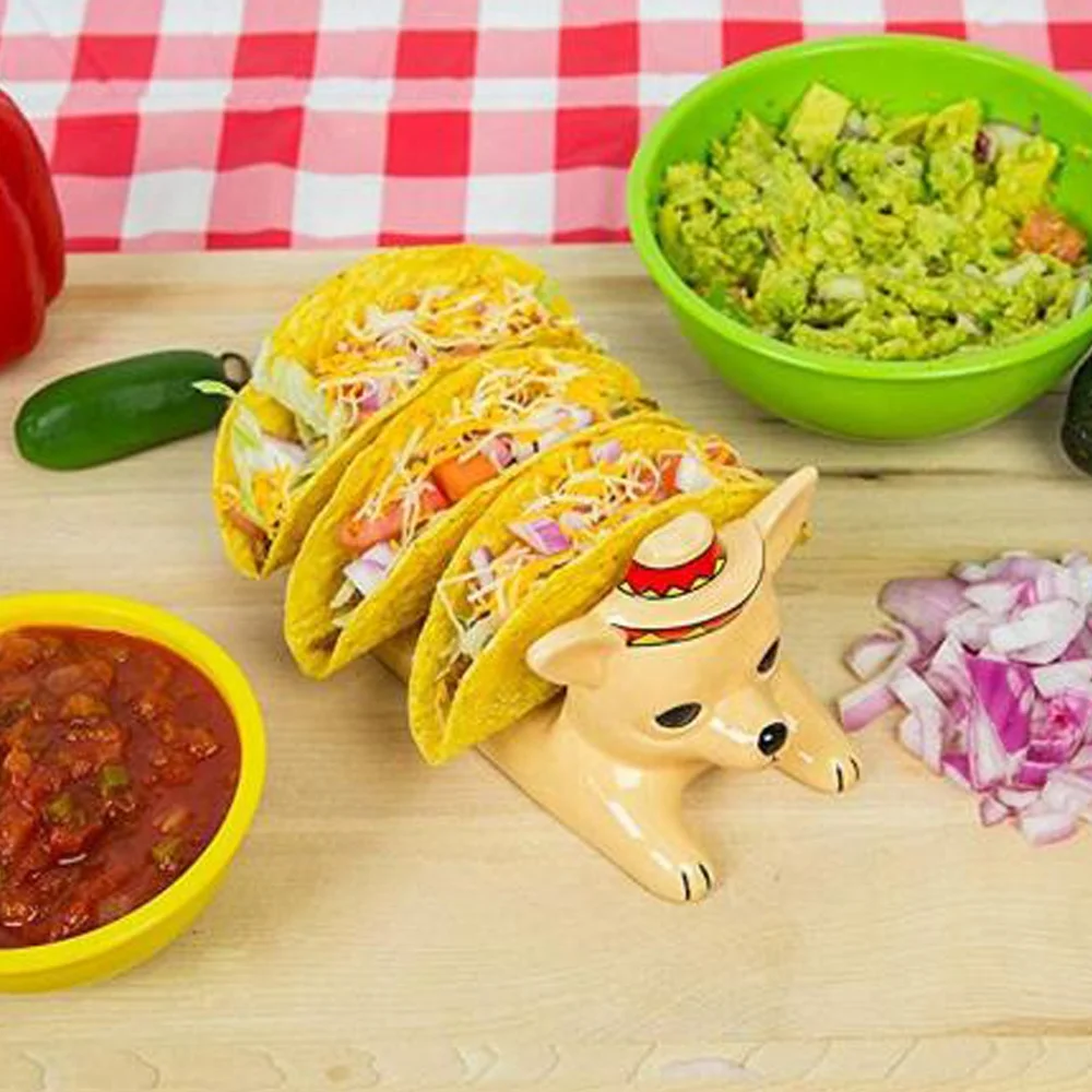 Custom Tabletop Dining Decor Taco Stand Rack Server Serving Tray Plate 3 Slot Ceramic Cute Chihuahua Dog Shaped Taco Holder
