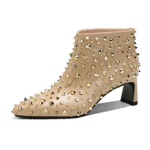 Custom Nude Ankle Boots for Women Pointed Toe Design Gold Studs Chunky Heel Height Increasing Formal Fashion Booties Wholesale