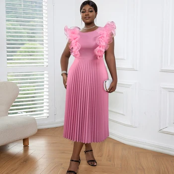 High Waist Midi Pleat Ruffle Pink Sleeveless Women Prom 2024 Dresses