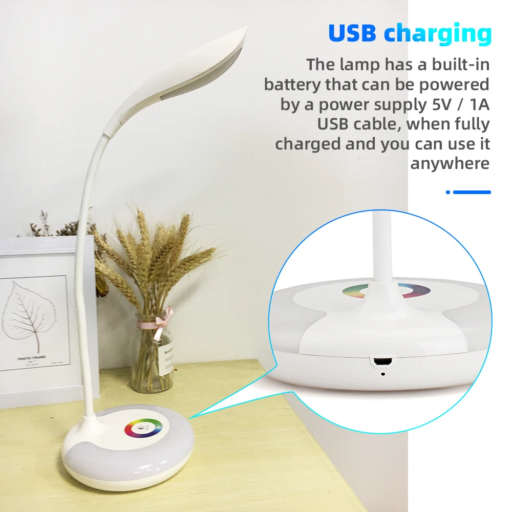 New Design Mini Portable Foldable Step Dimming Usb Battery Operated Smart Led Desk Lamp with Round Base Rgb