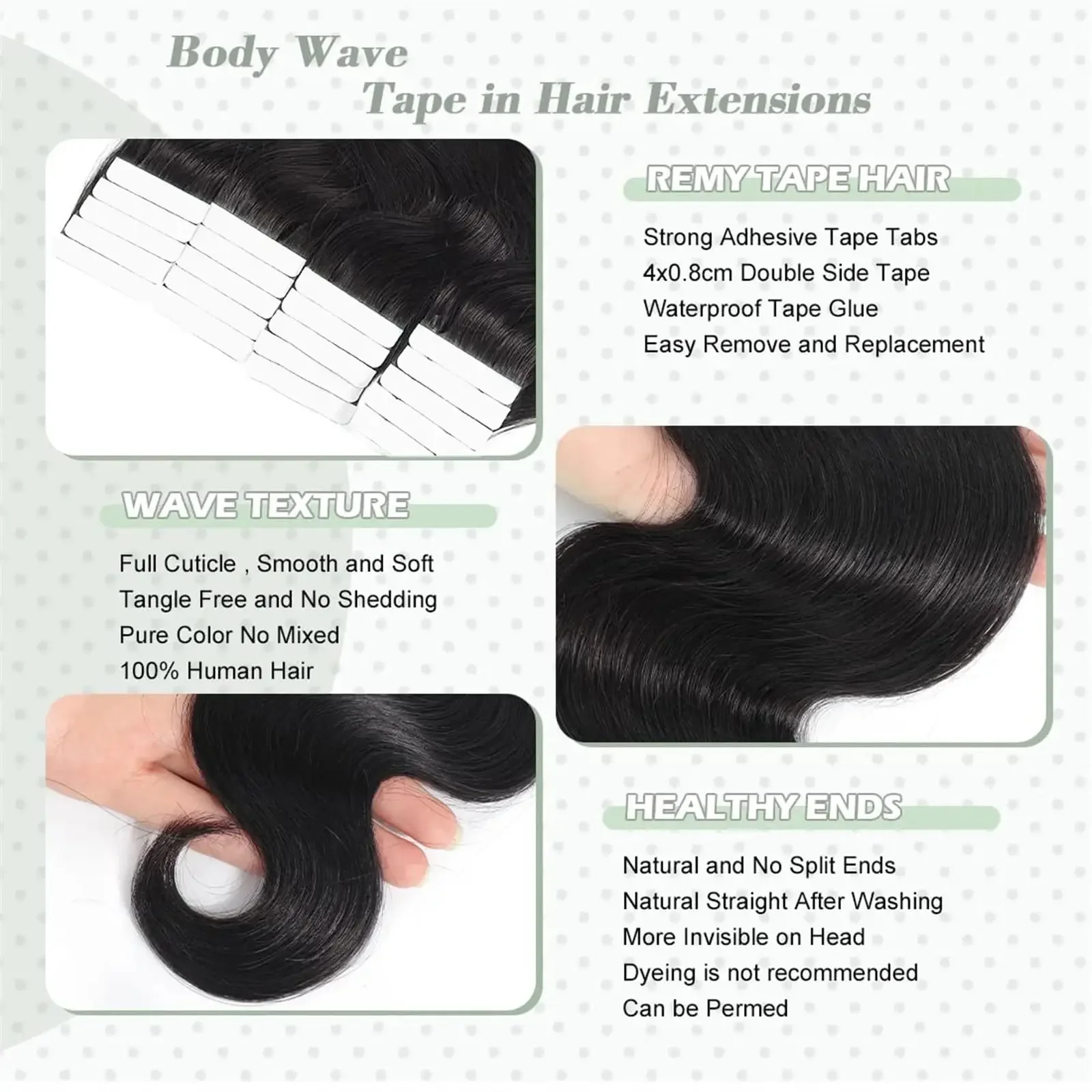 Ταινία Remy Body Wave σε επεκτάσεις μαλλιών, κολλητική ταινία δέρματος, επεκτάσεις ανθρώπινα μαλλιών σε βραζιλιάνικο φυσικό χρώμα μαλλιών_voghion.com