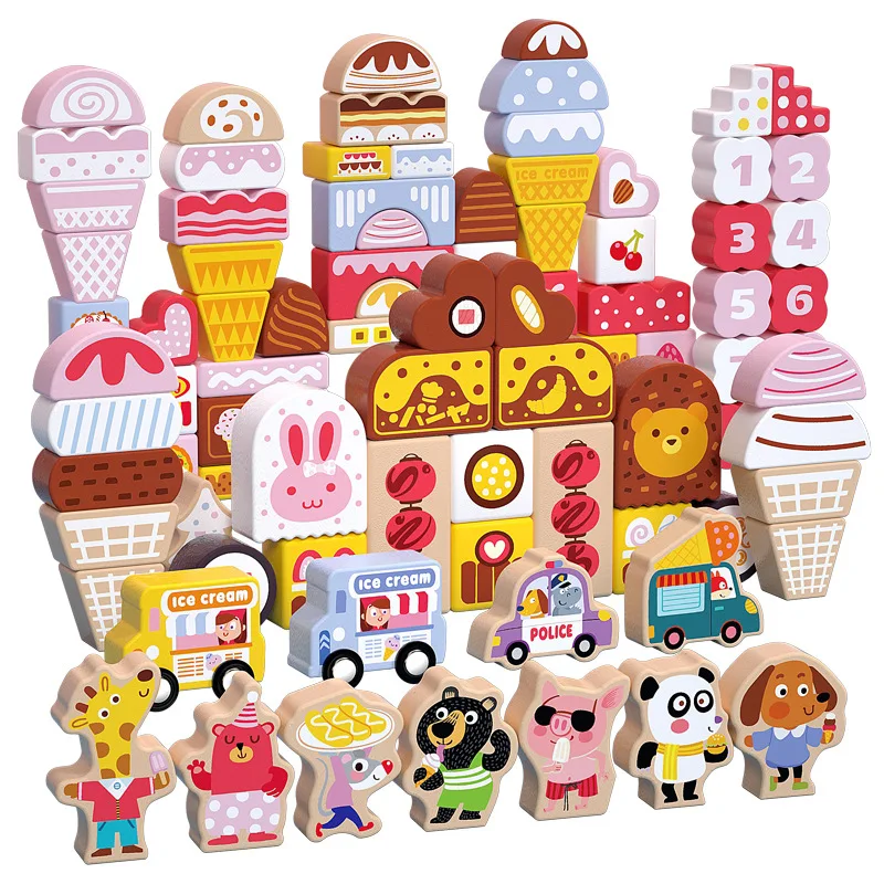 116-Piece Unisex Wooden Toys Ice Cream Building Blocks Set Creative Educational Stacking Toys for Toddlers