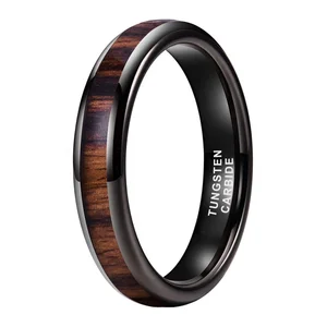 Coolstyle Jewelry 4mm Koa Wood Inlay Black Tungsten Ring for Men Women Engagement Wedding Band Domed Comfort Fit