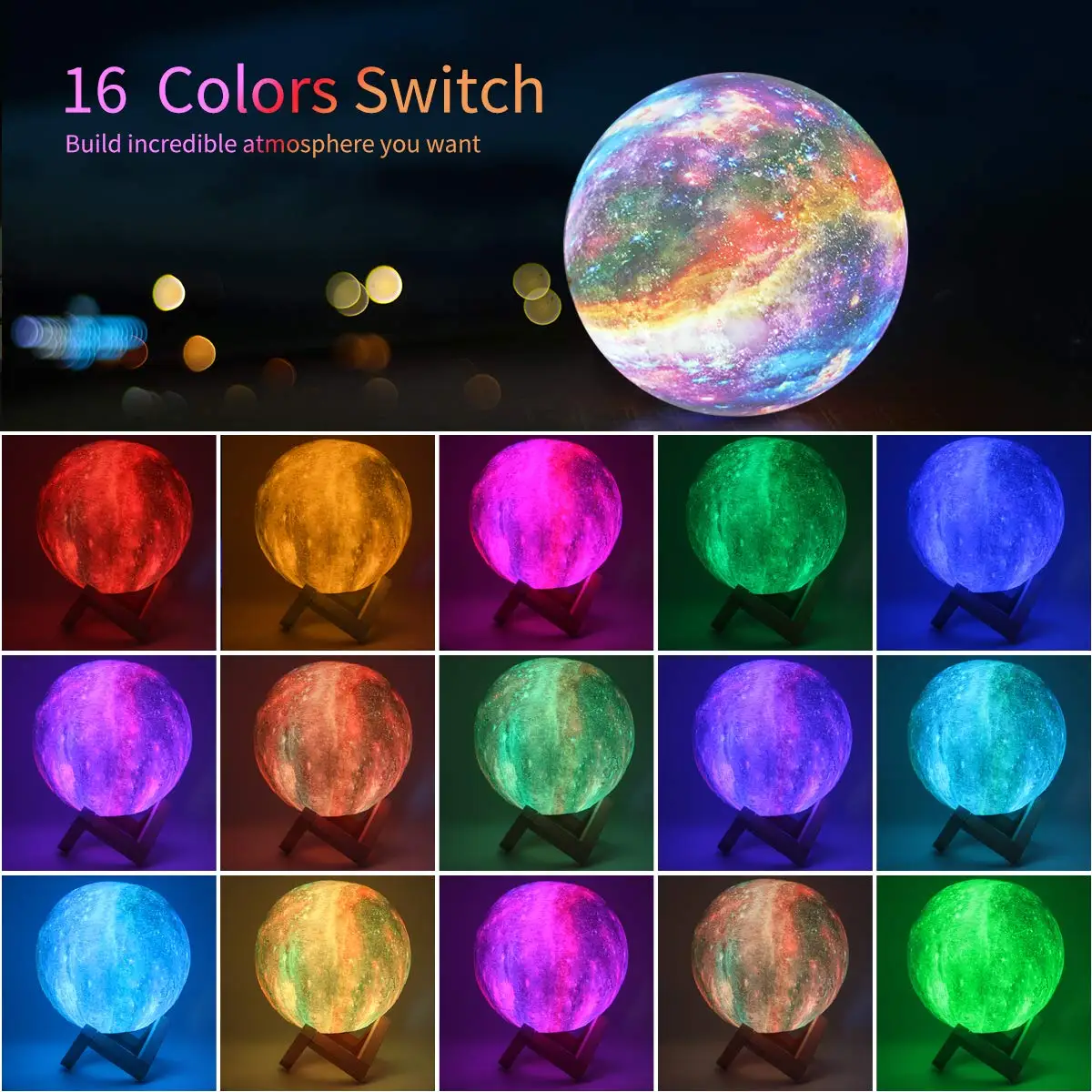 16 Colors LED Moon Light Dimmable 3D Moon Kids Night Light With Remote Touch Slap Control USB Rechargeable Moon Lamp