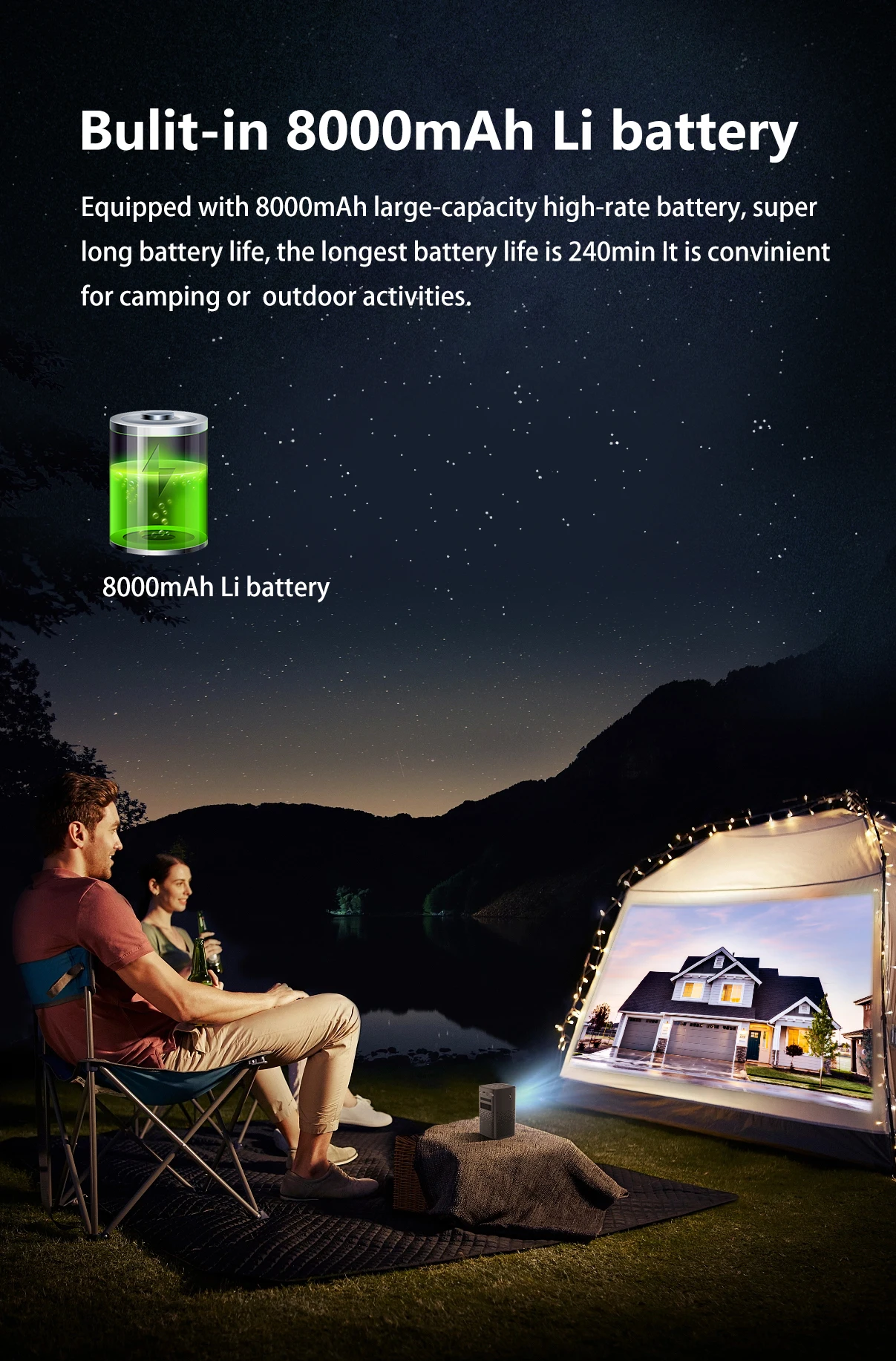 W&F M2 540P with Battery WIFI Display Android Video Projector for Smart Home 4K Portable Compact Projector