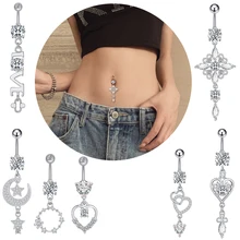 "7Pcs Children's English Letter Love Circle Stainless Steel Belly Button Rings Set with Designer Dangles Piercing Ombligo"