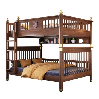 Custom Stylish Separable Adult Natural Rubber Wood Bedroom Furniture Set Ladder Drawers Children Wooden Bed Frame Double Size