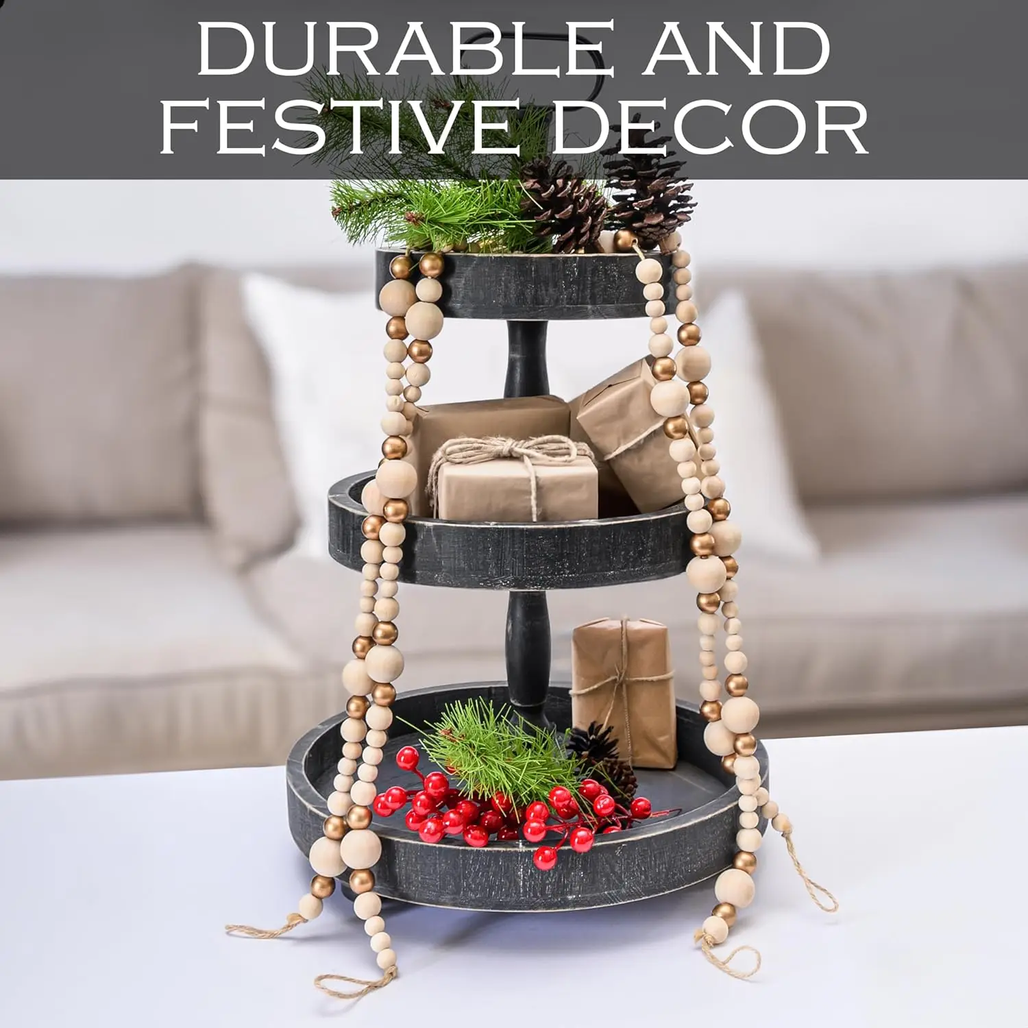 Christmas Tree Wood Bead Garland 48 Inch, Natural Wood