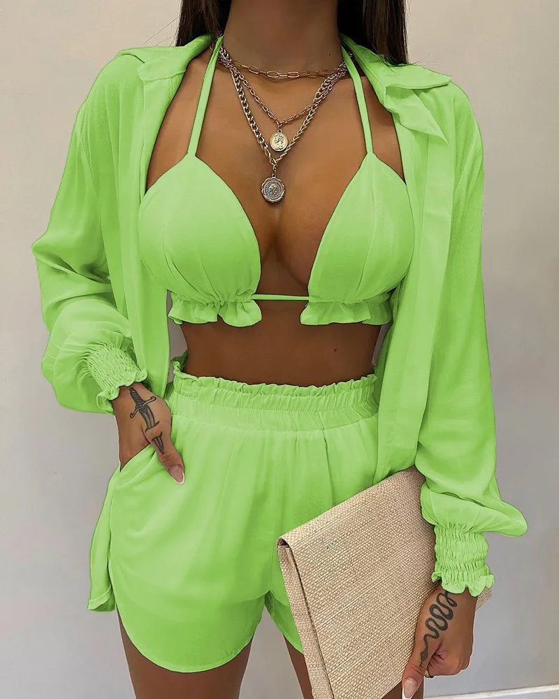 Summer Outfits Clearance! HJCOMMED Oversized Sexy Sets for Women Hawaiian  Print Long Sleeve Shirt Biker Shorts Set Two Piece Outfit Green 