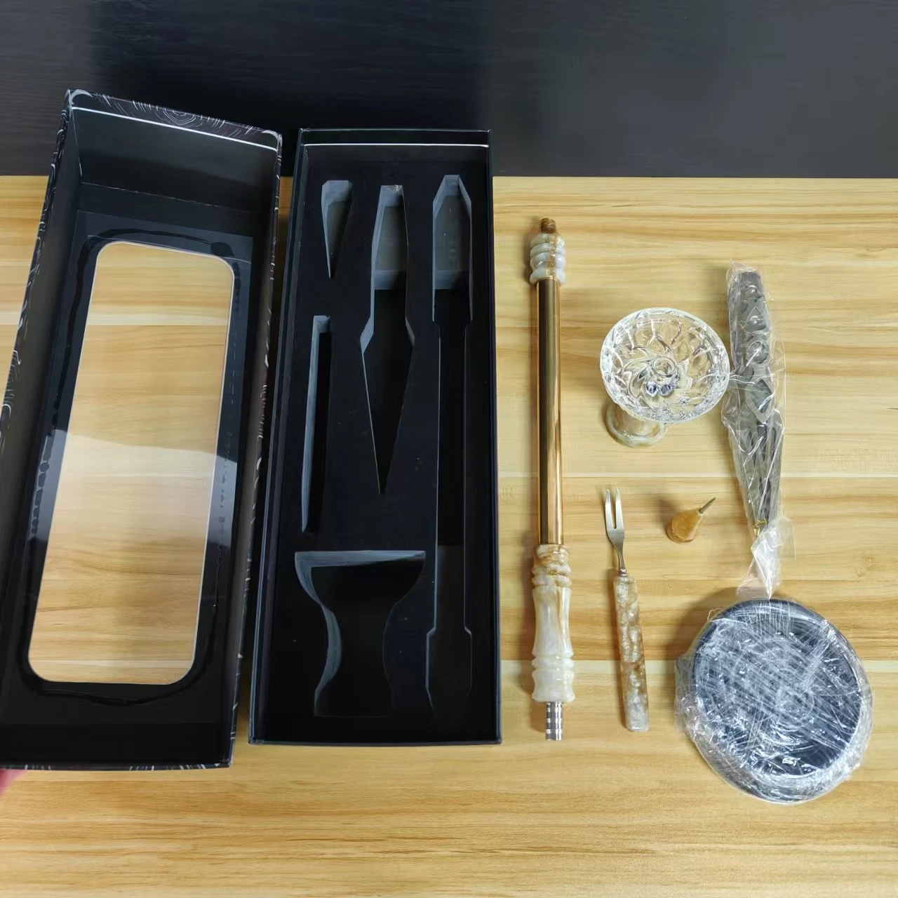 Factory Wholesale Hookah Accessories Set Chicha Stainless Steel Handle + Bowl +fork + Silicone Hose + Clip + Needle