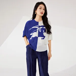 Miyake Women Vintage T-Shirt Pleated Top Short Sleeves Dolman Sleeve Stretch Fabric Printed Pattern Western Style