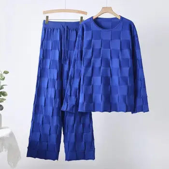 Boutique Wholesale Fashionable Round Neck Solid Color Knitted Wide Leg Pants  Elegant Women's Two Piece Set