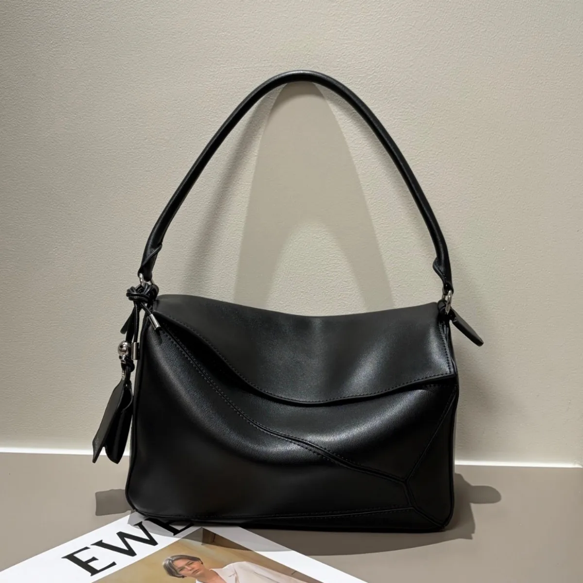 High-end Luojia Puzzle Long-handle Geometric Bag Fashionable Cowhide Solid Color Pillow Bag Genuine Leather Shoulder Two
