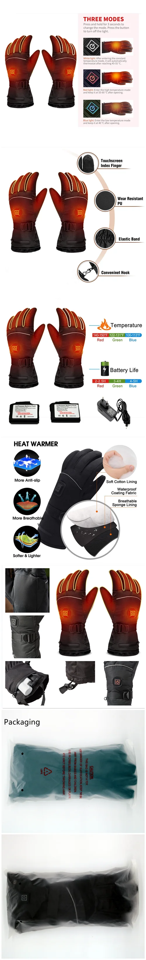 2021 odm oem outdoor electric heating therapy gloves with soft waterproof warm rechargeable lithium battery touch screen