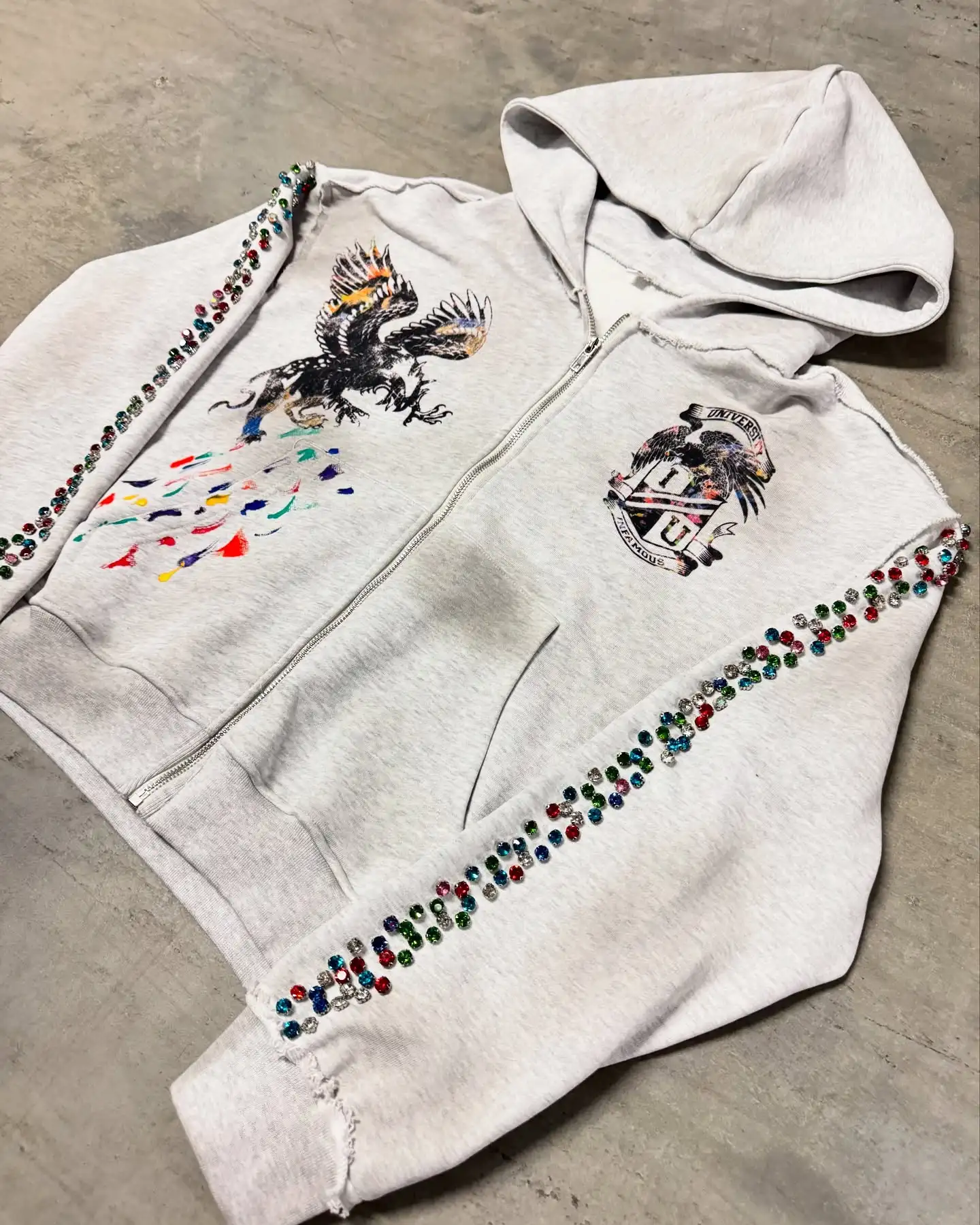 500g DTG Printing Oversized Men's Hoodie with Custom Rivet Zipper and Acid Wash Rhinestones 100% Cotton Breathable Quick Dry gallery 2