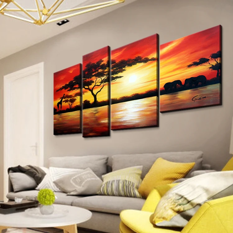 High Quality 4 Panel African Canvas Art Sunset Landscape Oil Painting for Wall Decor