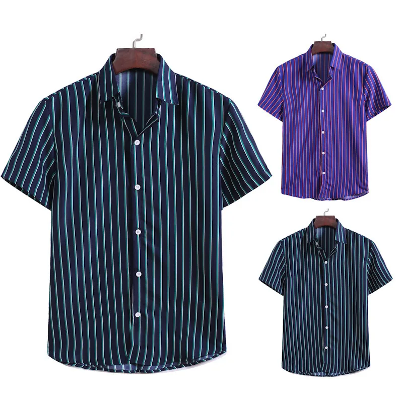 Fashion Men Cotton Vertical Stripe Button Down Short Sleeve Summer Casual Shirts 