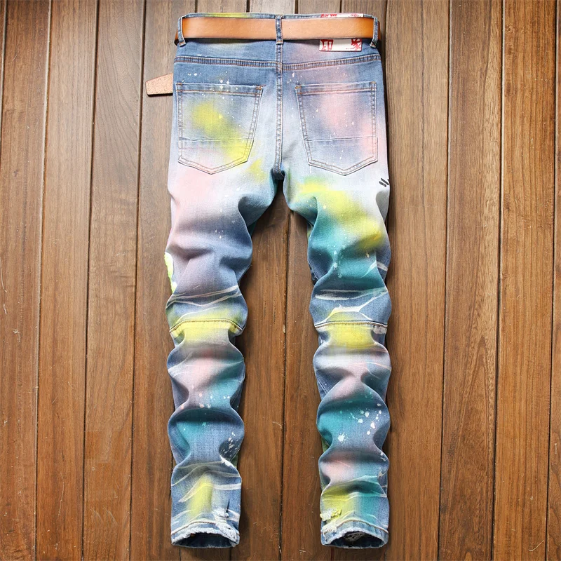 Rig Paste Paint Multi Color Men's European and American Punk Stretch  Small Straight Jeans