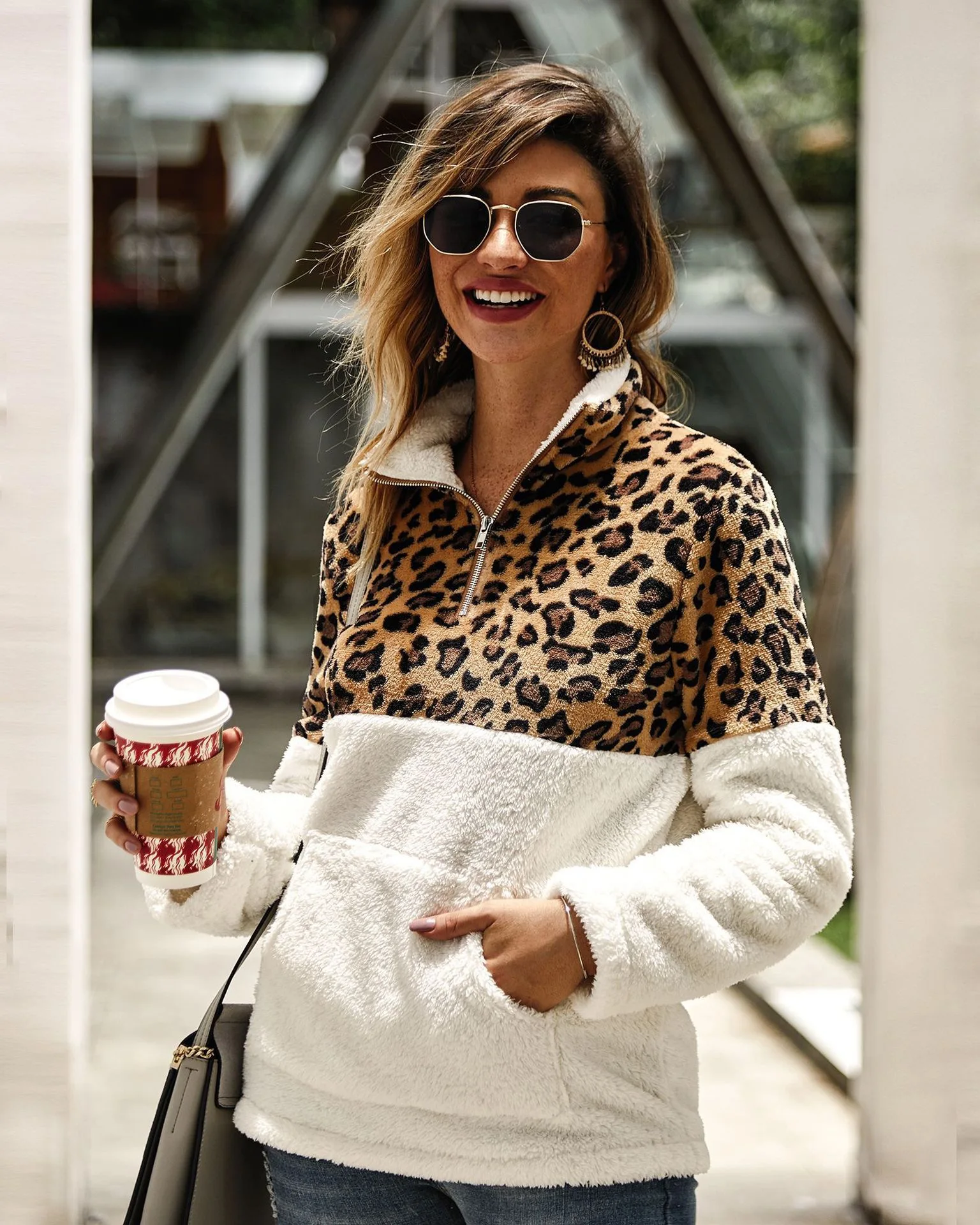 leopard half zip pullover