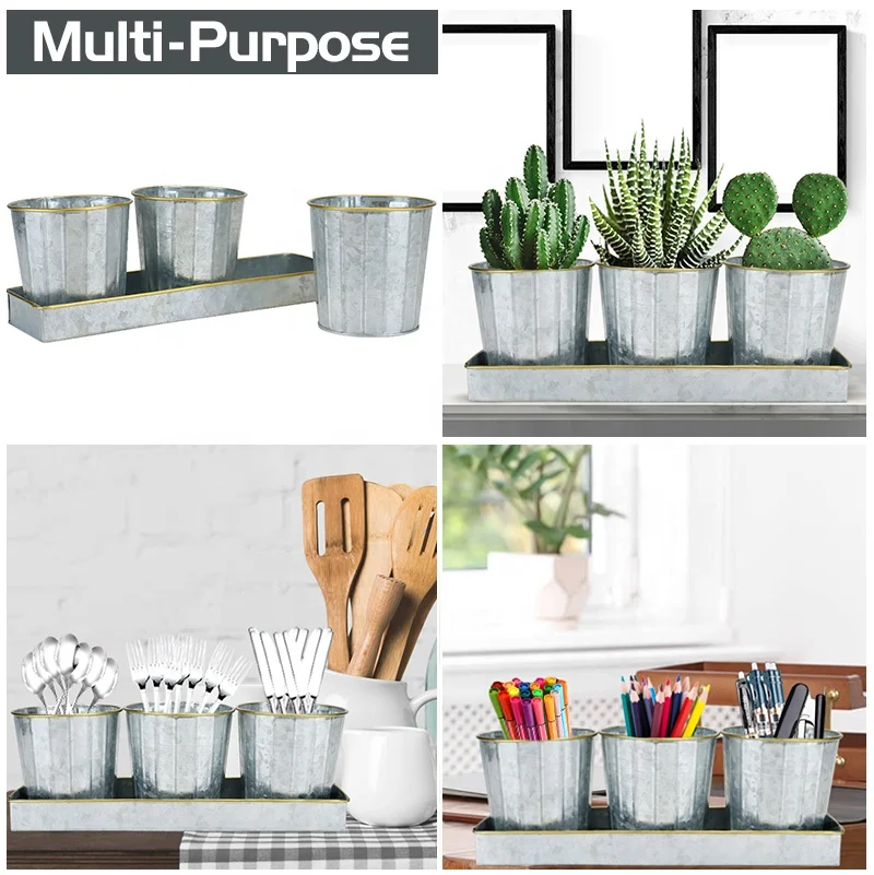 Оцинкованные металлические садовые цветочные горшки и горшки, набор горшков для растений, суккуленты с лотком и отверстиями для слива для помещений и улицы