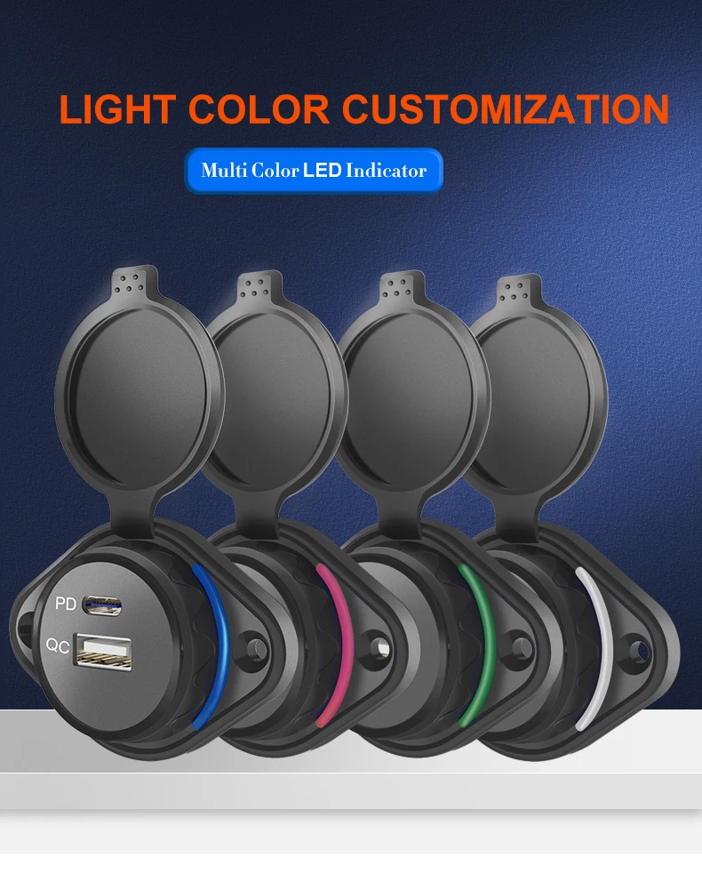 12V-24V Dual USB PD & QC3.0 Fast Charger Socket Panel – LED, Water-Resistant, For Car, Boat, RV, Universal Mount