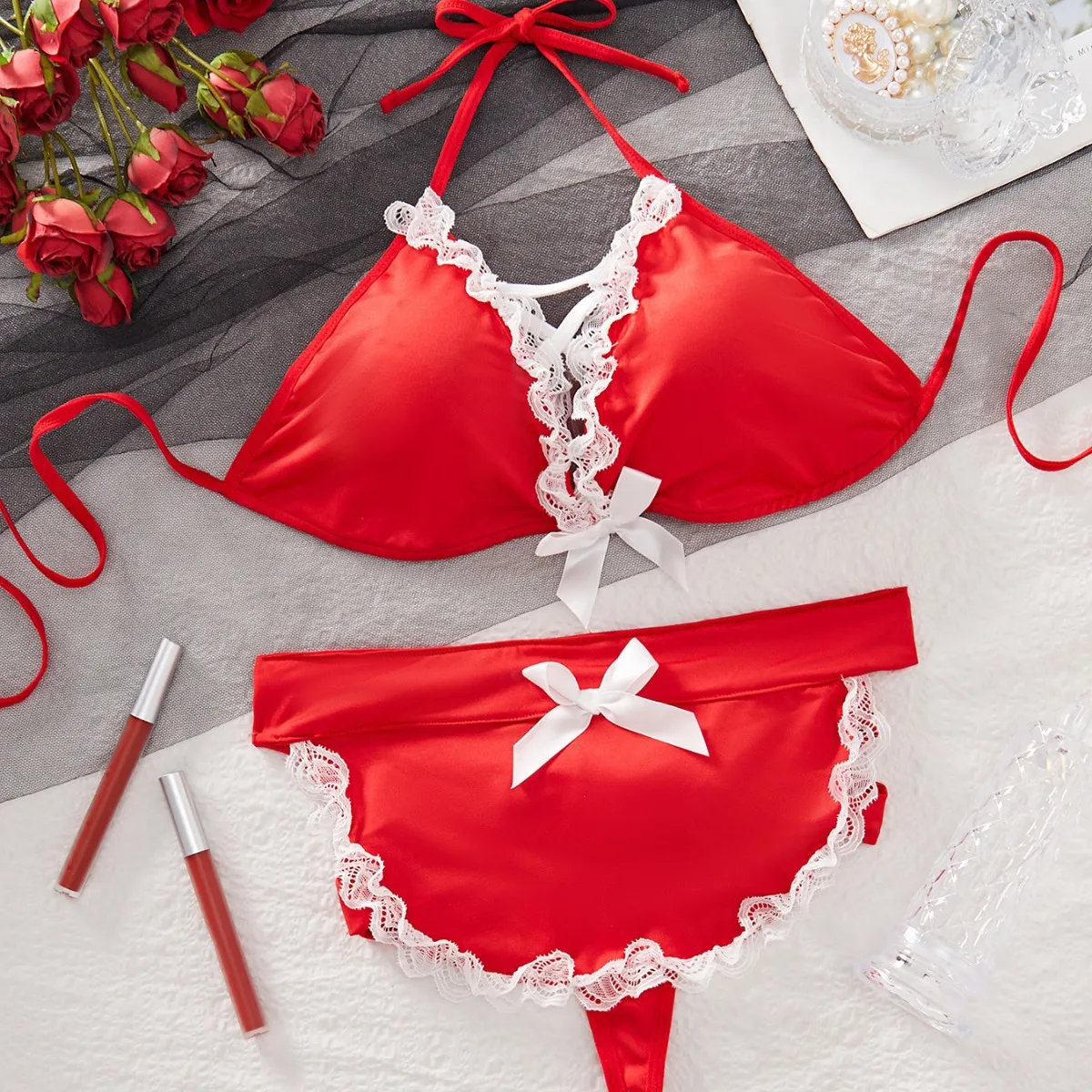 Valentine's Day Sexy Lingerie Sexy Underwear for Woman White Bow Small Apron Camisole Neck Halter Maid Uniform  Cosplay Lingerie