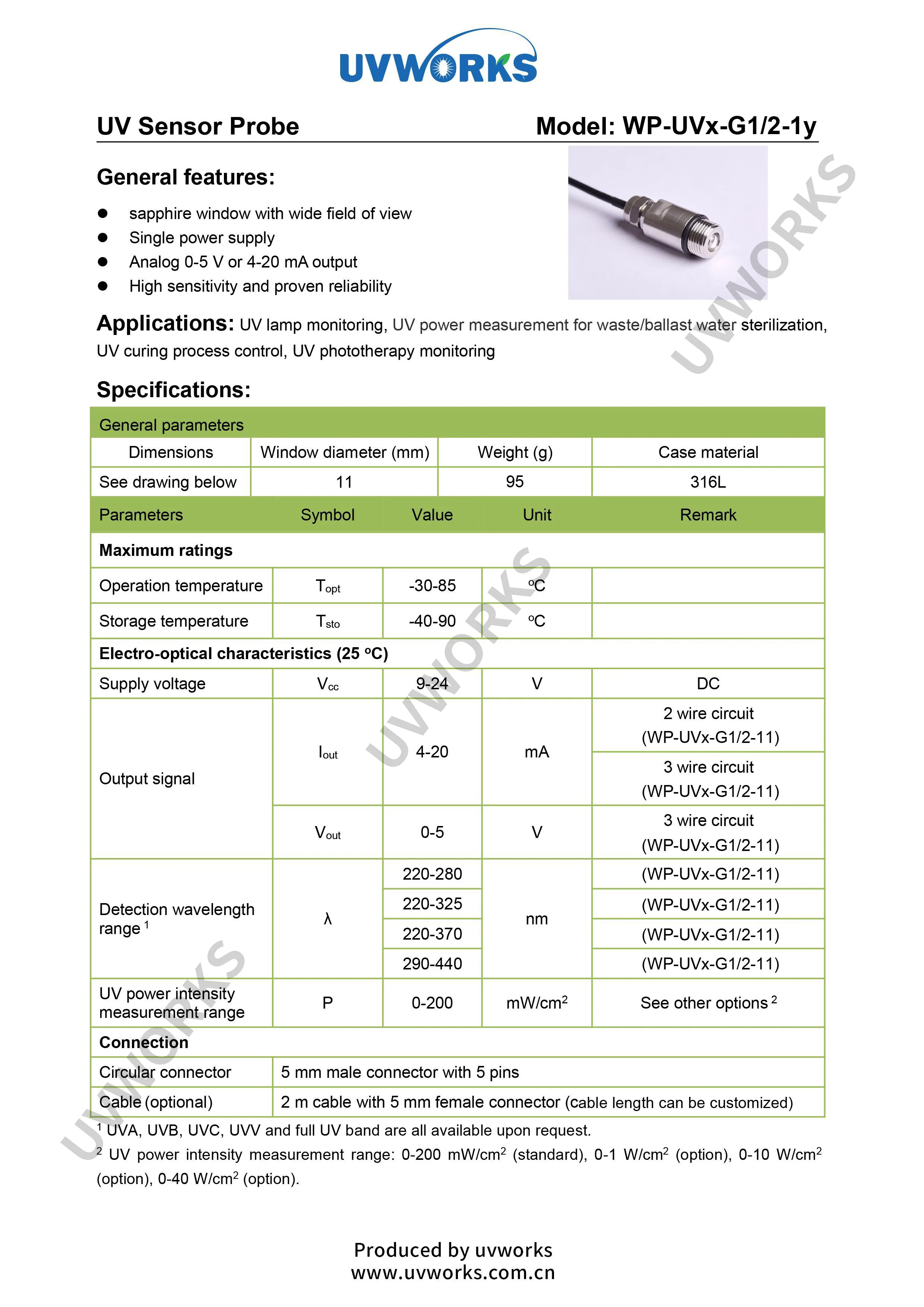 Uvworks Uv Sensor Probe Uv Water Treatment 0-5 V Or 4-20 Ma 3-wire ...