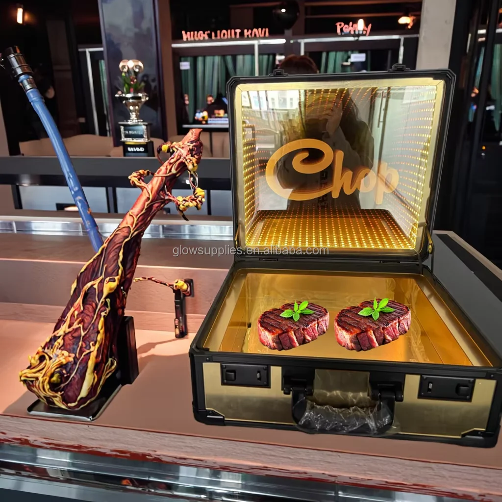 Custom Logo Lighted Mirror Beef Suitcase Meat Carrier Box LED Steak Briefcase Glorifier Display Case for Restaurant Steakhouse