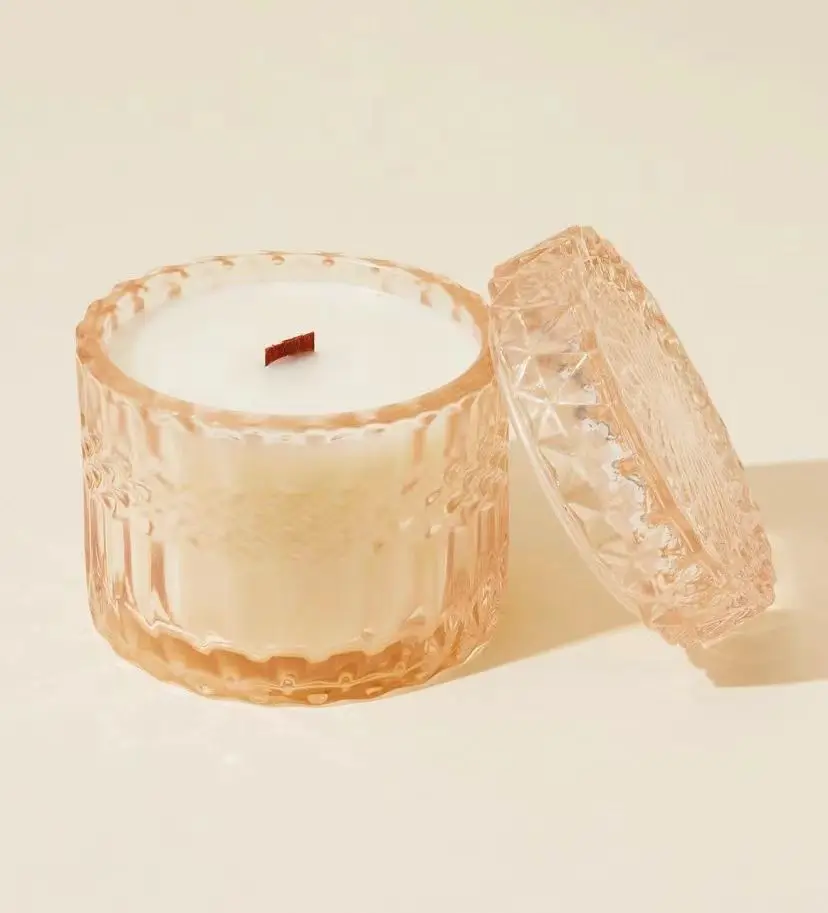 Empty Unique Iridescent Embossed Glass Candle Jar With Flat Lid Matte