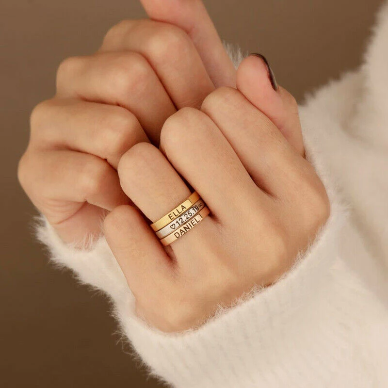 Custom Engraved Name Number Date Ring Personalized Fashion Jewelry for Lovers Women 18K Gold Plated Stainless Steel Finger Ring