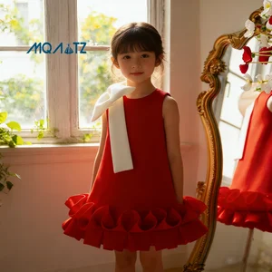 MQATZ Floral Bow Shoulder A-Line Princess Dress for  Children Sweet Summer Satin Outfits O-Neck for Birthday Parties Flower Girl