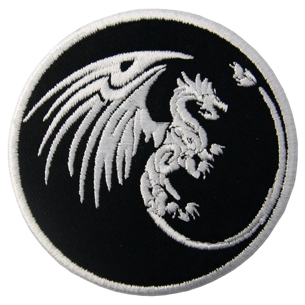 White and Black Color Pattern Dragon Symbols of Power and Might Patch Cloth Applique Iron on Sew on Embroidered Embroidery Patch