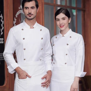 Unisex High-End Long Sleeve Chef Uniform Custom Logo Twill Fabric with Double Row Gold Buttons for Kitchen Use