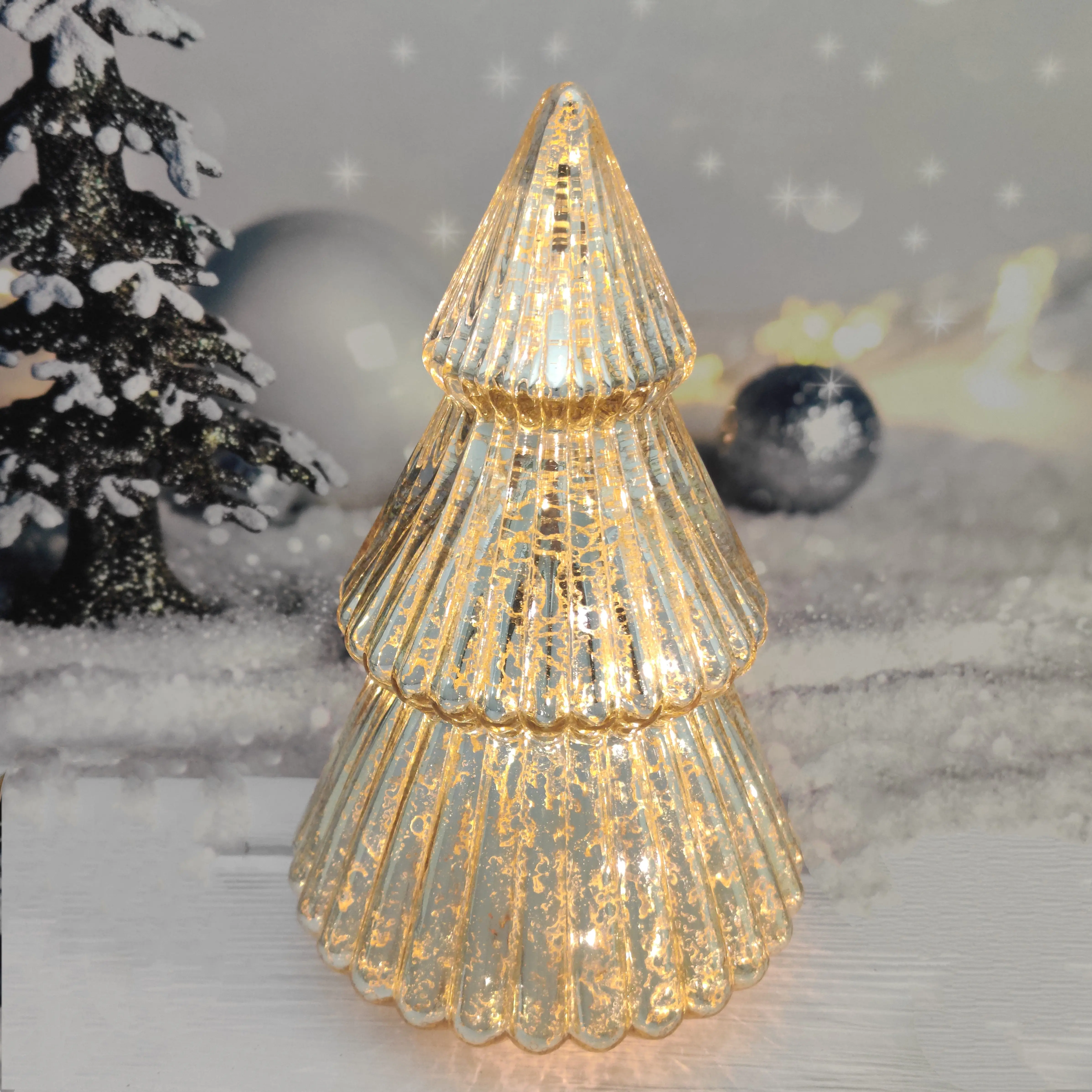 Battery operated handmade mercury glass Christmas ornament tree figurine with led light manufacture