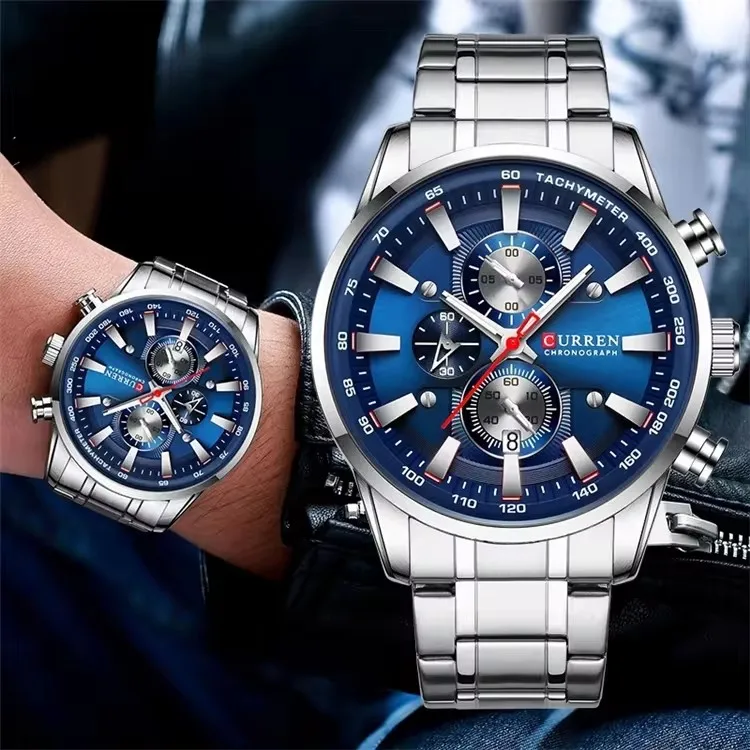 CURREN 8351 Quartz Movement Watch Three Eyes Business Watches Bracelet Clasp Stainless Steel Fashion Business Men Wristwatch
