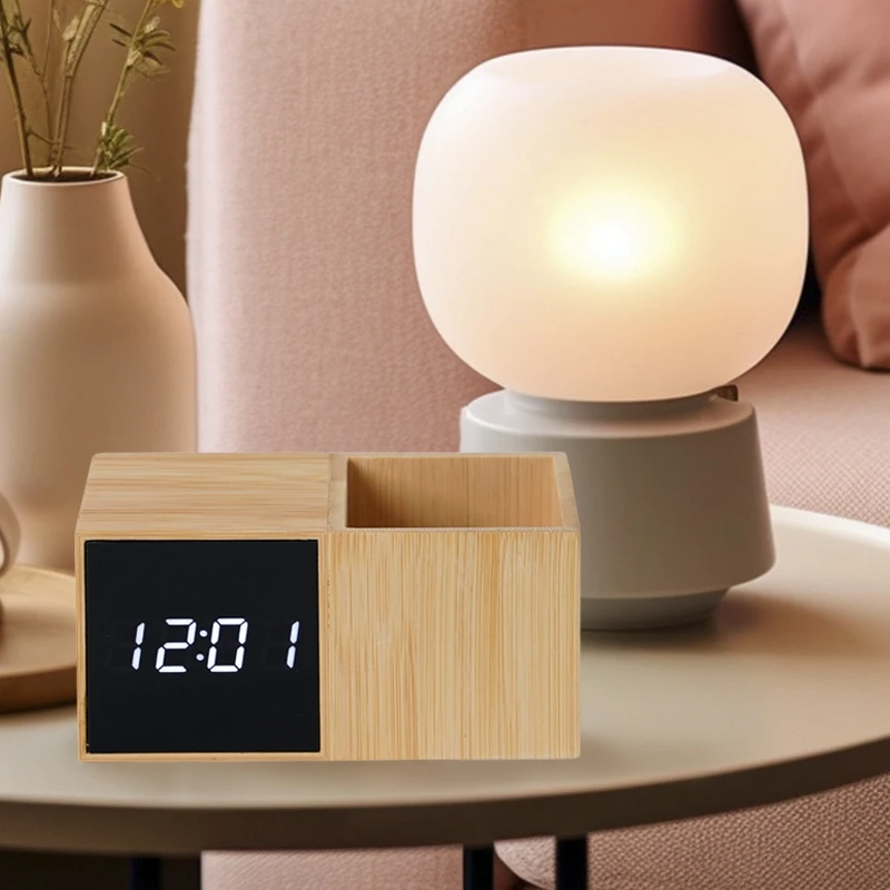 Creative Gifts LED Screen Wooden Voice Control Desktop Storage Pen Holder Time Temperature Date Digital Alarm Clock for Office
