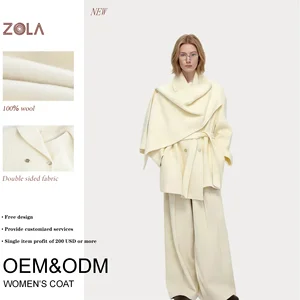 Customized Color Handmade Custom Color Handmade Buttons Open Front with Stylish Belt Beige Short Wool Coat for Women