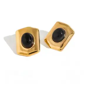 Retro Black Agate Stone Trendy Geometric Earrings Stainless Steel Waterproof Jewelry 18K Gold Plated Chunky Stud