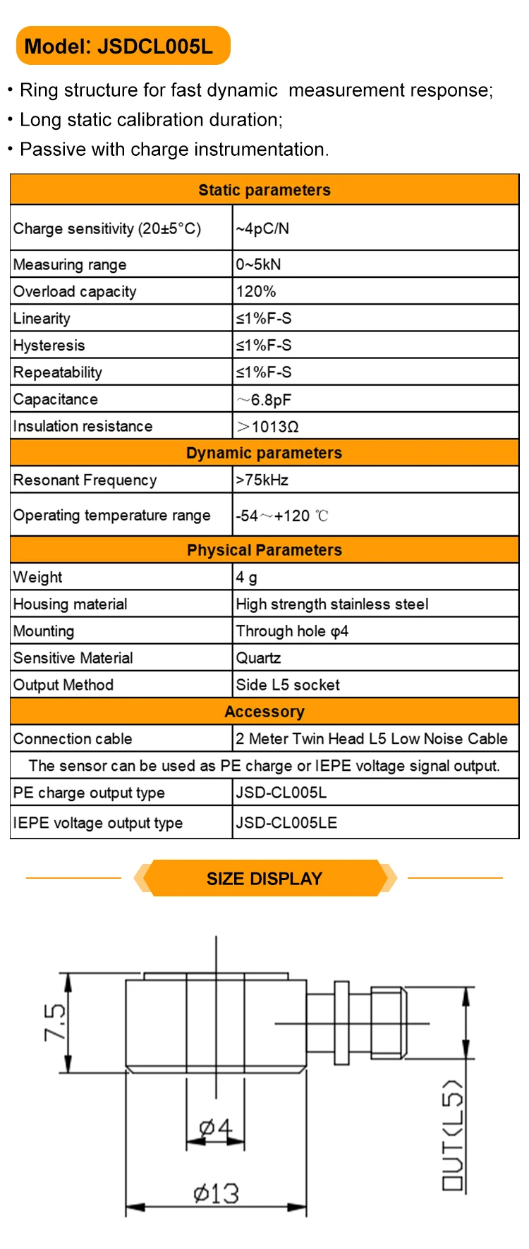 JSDCL005L Piezoelectric Force Sensor Charge Pe Voltage Icp/Iepe Signal Circular One-Way Measurement Force Response Is Fast details