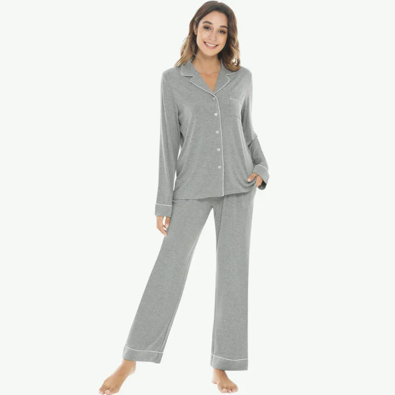 Women's Bamboo Pajamas Soft Notch Collar Custom Piping Long Sleeve ...